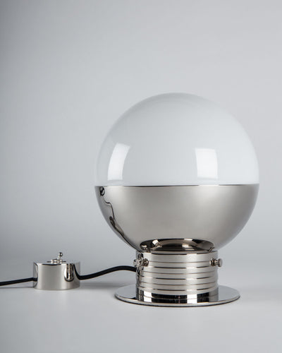 Commune Collection image 1 of a Globe Table Lamp with Shade made-to-order.  Shown with optional 90 degree half shade and decorative switch in Polished Nickel.