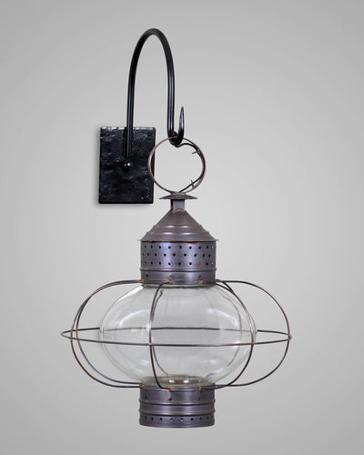 Scofield Lighting Collection image 1 of a New England Onion Exterior Wall Lantern Large made-to-order.  Shown in Bronzed Copper on Gooseneck bracket.