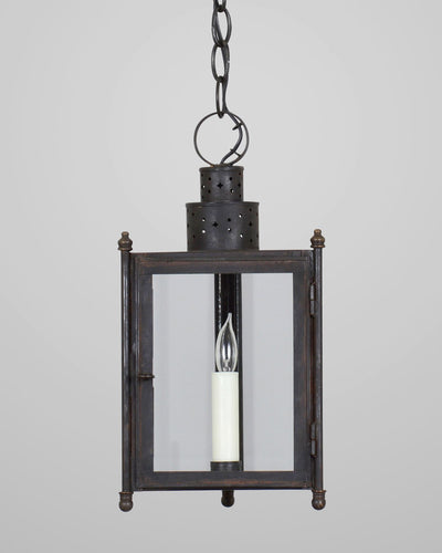 Scofield Lighting Collection image 1 of a Three Sided Hanging Lantern Small made-to-order.  Shown in Aged Tin.