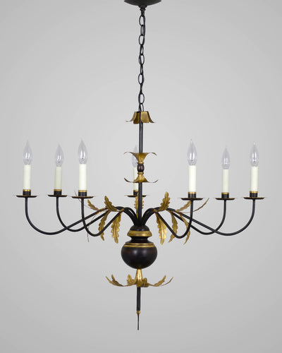 Scofield Lighting Collection image 1 of a Acanthus Leaf Chandelier Large made-to-order.  Shown in Aged Tin and Pitch Black with Yellow Gold Leaf.