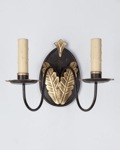 Scofield Lighting Collection image 1 of a Acanthus Leaf Twin Sconce made-to-order.  Shown in Aged Tin with Natural Beeswax Drip Candlesleeve and Yellow Gold Leaf.
