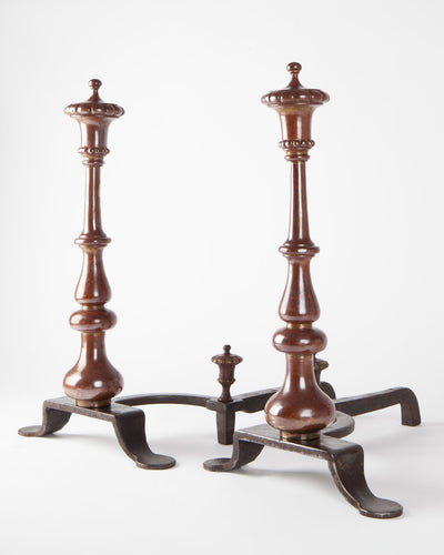 Vintage Collection image 1 of a pair of Aged Bronze Baluster Form Column Andirons antique.