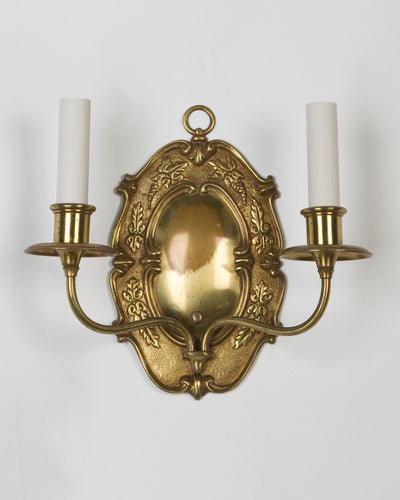 Vintage Collection image 1 of a pair of Aged Bronze Sconces with Baroque Cartouche Form Backplates antique.