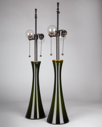 Vintage Collection image 1 of a pair of Bergboms Green Glass Table Lamps antique in a Dark Waxed Bronze finish.