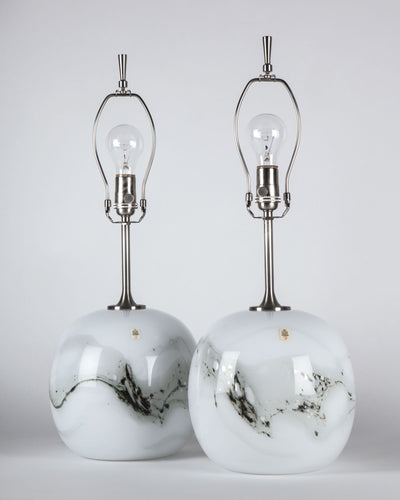 Vintage Collection image 1 of a pair of Black and White Holmegaard Glass Table Lamps antique in a Satin Nickel finish.