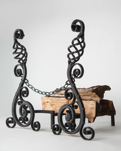 Vintage Collection image 1 of a pair of Blackened Wrought Iron Andirons with Basket Twists antique in a Blackened Steel finish.