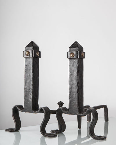 Vintage Collection image 1 of a pair of Blackened Wrought Iron Andirons with Pyramid Finials antique.