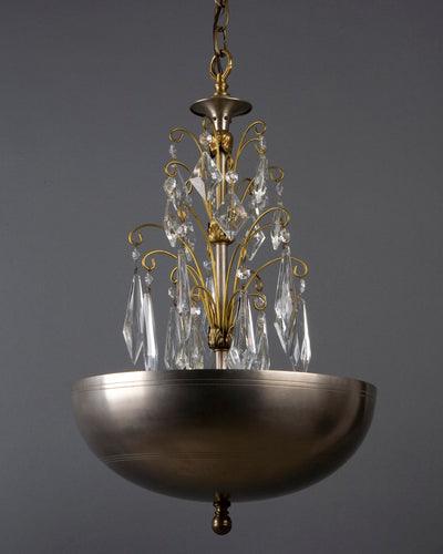 Vintage Collection image 1 of a Brass and Nickel Uplight Dome Chandelier with Crystal Prisms antique.