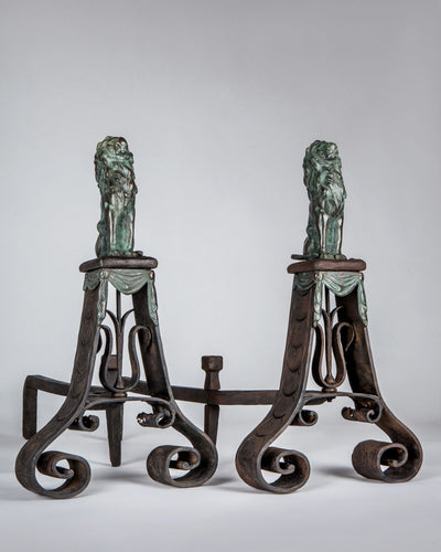 Vintage Collection image 1 of a pair of Bronze Andirons with Verdigris Lion Finials antique in a Original Aged Bronze and Blackened Iron finish.