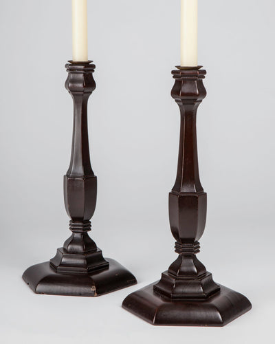 Vintage Collection image 1 of a pair of Carved Mahogany Candlesticks antique in a Original Antique Mahogany finish.