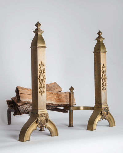 Vintage Collection image 1 of a pair of Cast Brass Jacobean Andirons antique in a Original Antique Brass finish.
