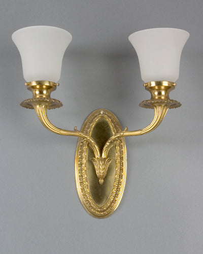 Vintage Collection image 1 of a pair of Cast Bronze Sconces with Frosted Glass Shades antique.