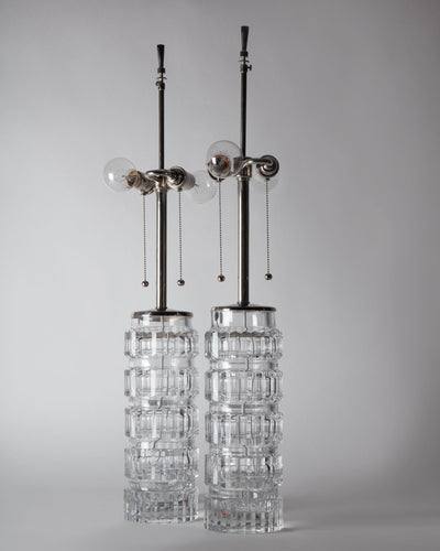 Vintage Collection image 1 of a pair of Clear Cut Glass Lamps by Kosta antique in a Polished Brass (Note: FG is PN, will need to reconfigure if second unit is added) finish.