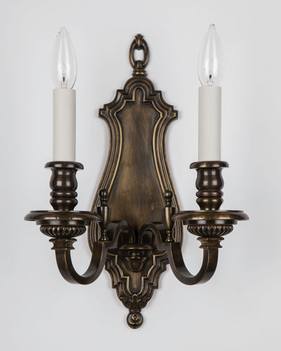 Vintage Collection image 1 of a pair of Darkened Brass Sconces with Shield Form Backplates antique in a Original Darkened Brass finish.