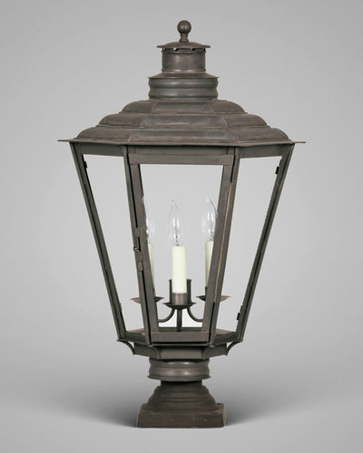 Scofield Lighting Collection image 1 of a English Gas Exterior Post Lantern Medium made-to-order.  Shown in Bronzed Copper with optional bronze pier mounted bracket and three candelabra sockets.