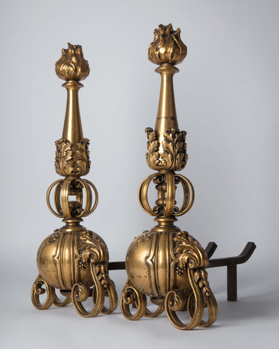Vintage Collection image 1 of a pair of Gilded Sterling Bronze Andirons with Torch Finials antique.