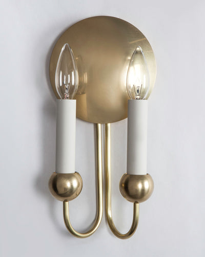 Remains Lighting Co. Collection image 1 of a Gloster Twin Sconce made-to-order.  Shown in Burnished Brass.