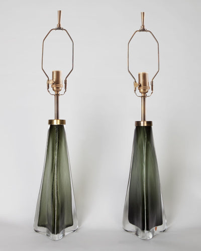 Vintage Collection image 1 of a pair of Green Glass Lamps by Orrefors antique.