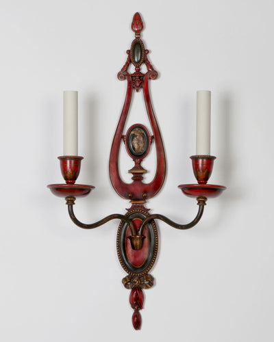Vintage Collection image 1 of a pair of Hand Painted Red Chinoiserie Sconces by E. F. Caldwell antique.