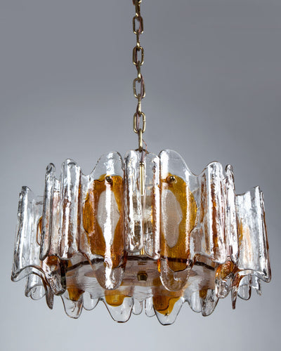 Vintage Collection image 1 of a Kalmar Orange and Clear Textured Glass Chandelier antique in a Medium Antique Brass finish.