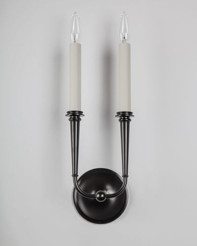 Remains Lighting Co. Collection image 1 of a Loire Twin Sconce made-to-order.  Shown in Dark Waxed Bronze.