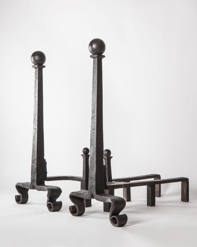 Vintage Collection image 1 of a pair of Massive Blackened Iron Andirons with Ball Finials antique.
