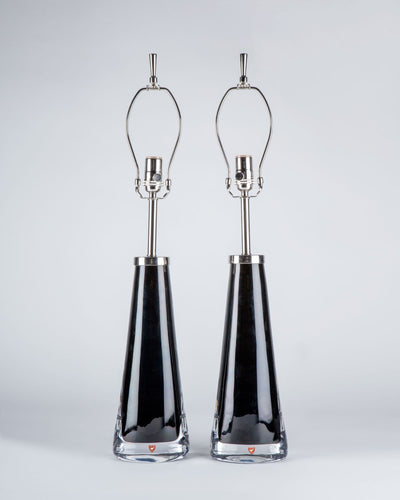 Vintage Collection image 1 of a pair of Navy Blue Orrefors Lamps antique in a Polished Nickel finish.