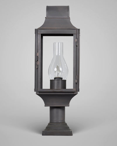 Scofield Lighting Collection image 1 of a New England Barn Exterior Post Lantern Medium made-to-order.  Shown in Bronzed Copper with optional bronze pier mounting bracket.