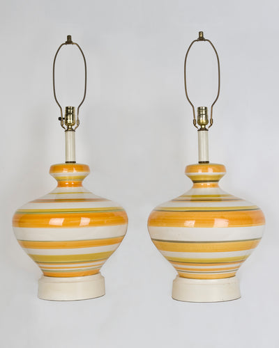 Vintage Collection image 1 of a pair of Orange and White Striped Ceramic Lamps antique.