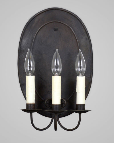 Scofield Lighting Collection image 1 of a Oval Flemish Triple Sconce made-to-order.  Shown in Aged Tin.