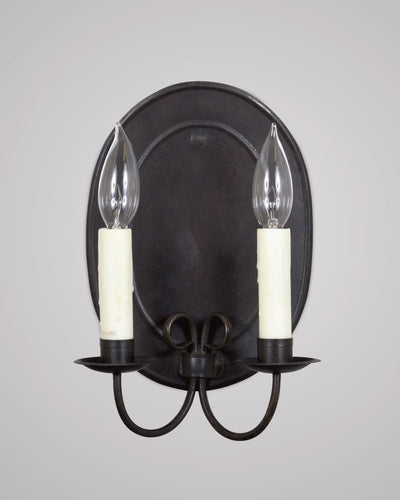 Scofield Lighting Collection image 1 of a Oval Flemish Twin Sconce Small made-to-order.  Shown in Aged Tin.