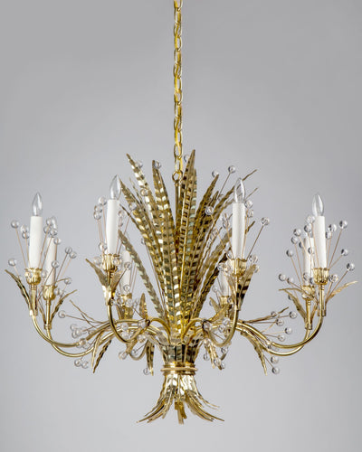 Tony Duquette Collection image 1 of a Plume 8 Chandelier made-to-order.  Shown in Duquette Brass.