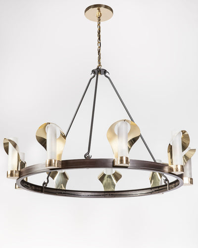 Remains Lighting Co. Collection image 1 of a Presidio 9 Chandelier made-to-order.  Shown in Polished Brass and Blackened Steel.