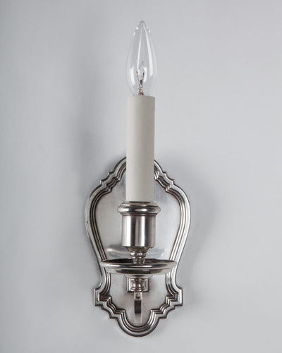 Vintage Collection image 1 of a pair of Shield Form Silverplate Sconces by E. F. Caldwell antique in a Original Silverplate finish.