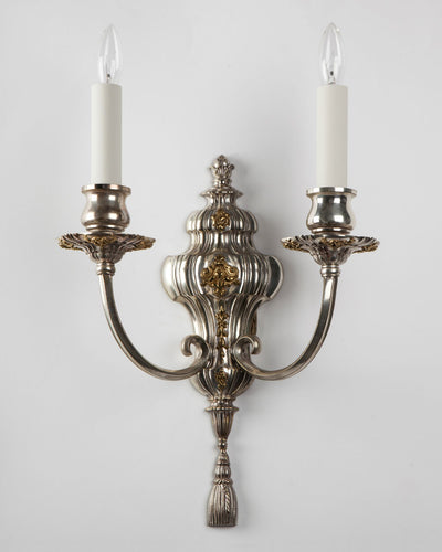 Vintage Collection image 1 of a pair of Silverplate Linenfold Sconces with Gilded Accents antique.