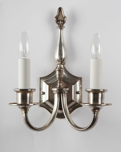 Vintage Collection image 1 of a pair of Silverplate Sconces with Hexagonal Backplates antique.