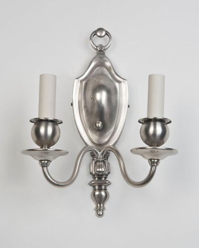 Vintage Collection image 1 of a pair of Silverplate Shield Form Sconces by Bradley and Hubbard antique.
