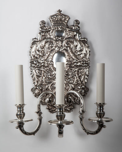 Vintage Collection image 1 of a pair of Silverplate Three Arm Sconces antique in a Silverplate finish.