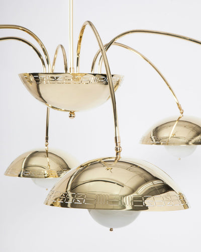 Commune Collection image 1 of a Six Dome Chandelier made-to-order.  Shown in Polished Brass.