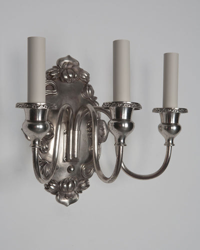 Vintage Collection image 1 of a pair of Sterling Bronze Three Arm Silverplate Sconces antique.