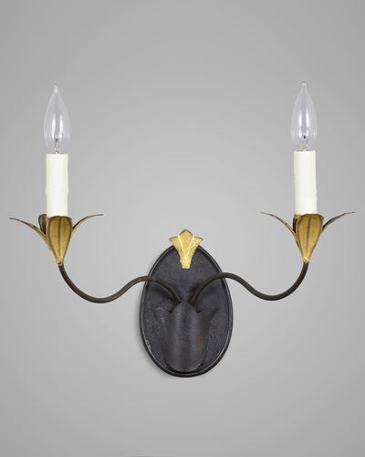 Scofield Lighting Collection image 1 of a Tulip Bobeche Twin Sconce made-to-order.  Shown in Aged Tin with Yellow Gold Leaf..