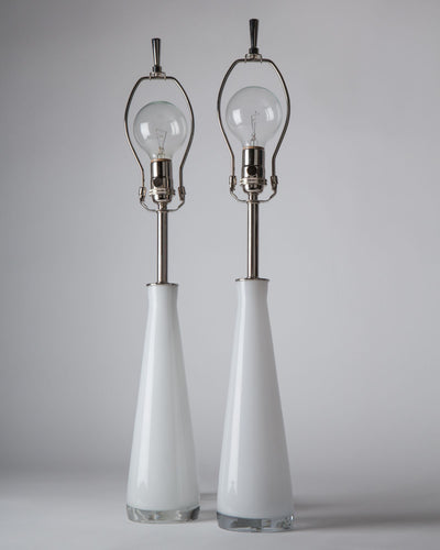 Vintage Collection image 1 of a pair of White Glass Tapered Cylinder Table Lamps by Falkenbergs antique in a Polished Nickel finish.