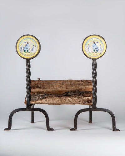 Vintage Collection image 1 of a pair of Wrought Iron Andirons with Quimper Faience Rondelles antique in a Blackened Iron finish.