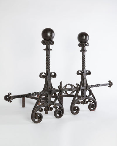 Vintage Collection image 1 of a pair of Wrought Iron Cannonball Andirons with Crossbar antique.