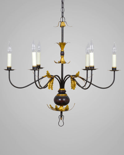 Scofield Lighting Collection image 1 of a Acanthus Leaf Chandelier Small made-to-order.  Shown in Aged Tin and Black with Yellow Gold Leaf..