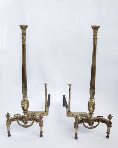 Vintage Collection image 1 of a pair of Bronze Classical Andirons with Fluted Columns antique in a Original Antique Finish finish.