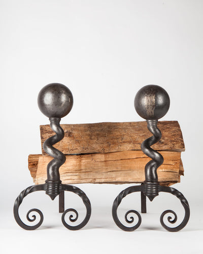 Vintage Collection image 1 of a pair of Cast Iron Andirons with Spiral Columns antique.