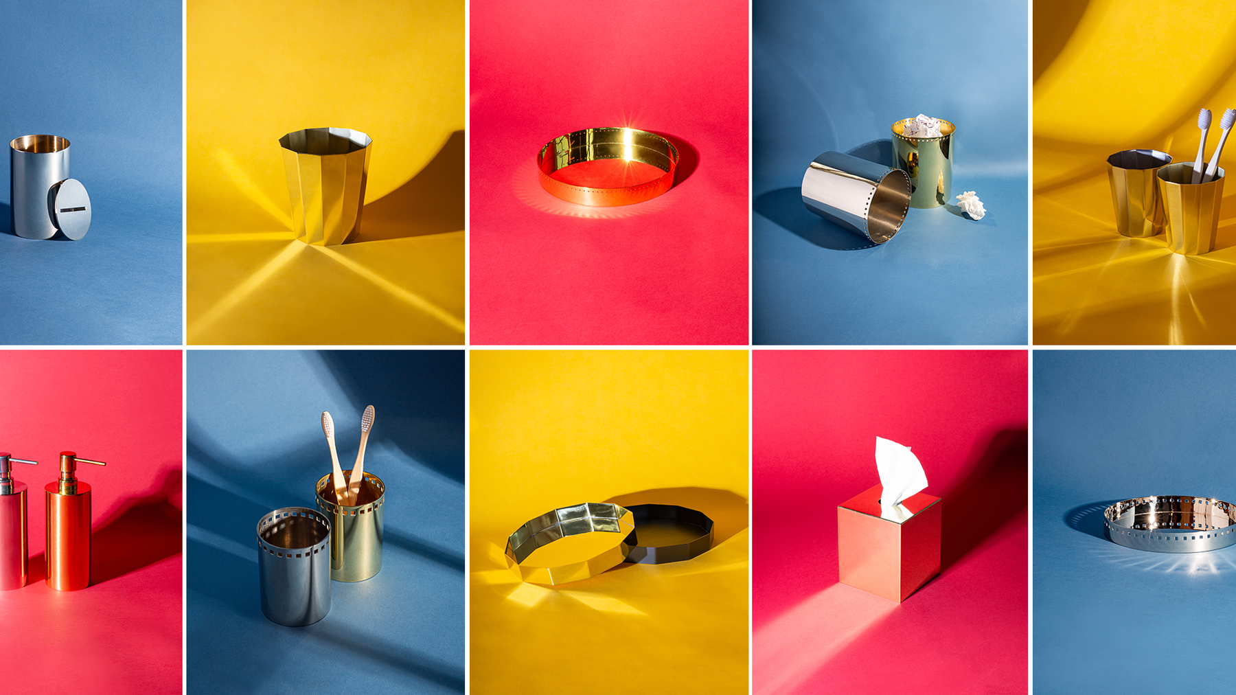 Set of commune accessories including cups, bins, trays, and tissue cozies on colorful backgrounds.