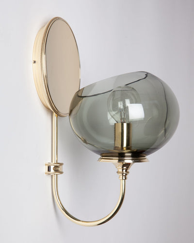Remains Lighting Co. Collection image 1 of a Curtiss Sconce with Dollop Glass made-to-order.  Shown in Polished Brass with Dusk glass.
