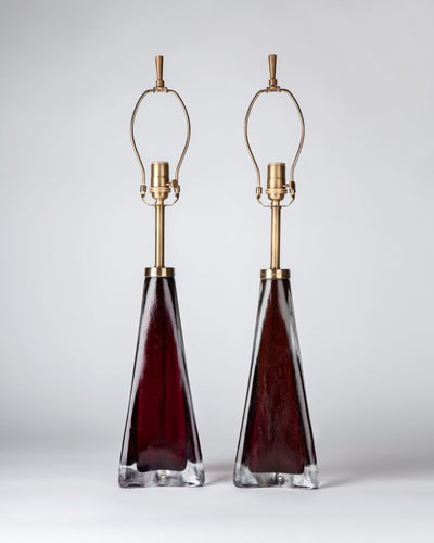 Vintage Collection image 1 of a pair of Dark Red Orrefors Lamps antique in a Light Antique Brass finish.